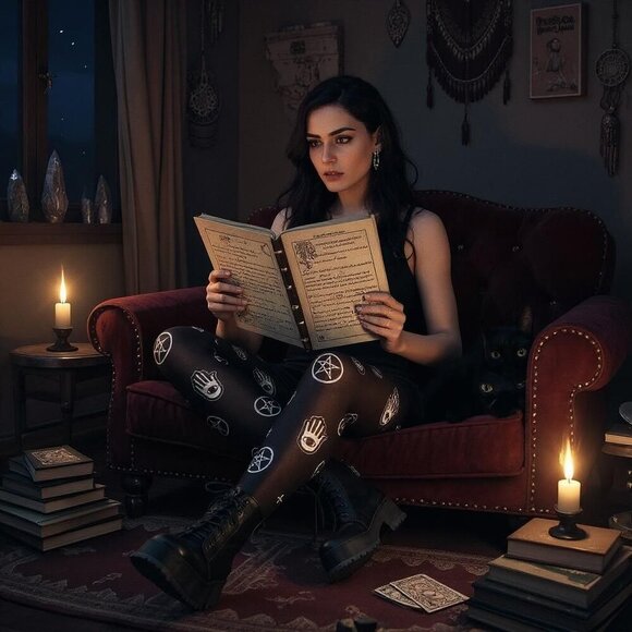 Black Sheer Gothic Stockings ✦ Occult Mesh ✦ Pentagram Hamsa Ankhs Symbols ✦ OS - Picture 2 of 4